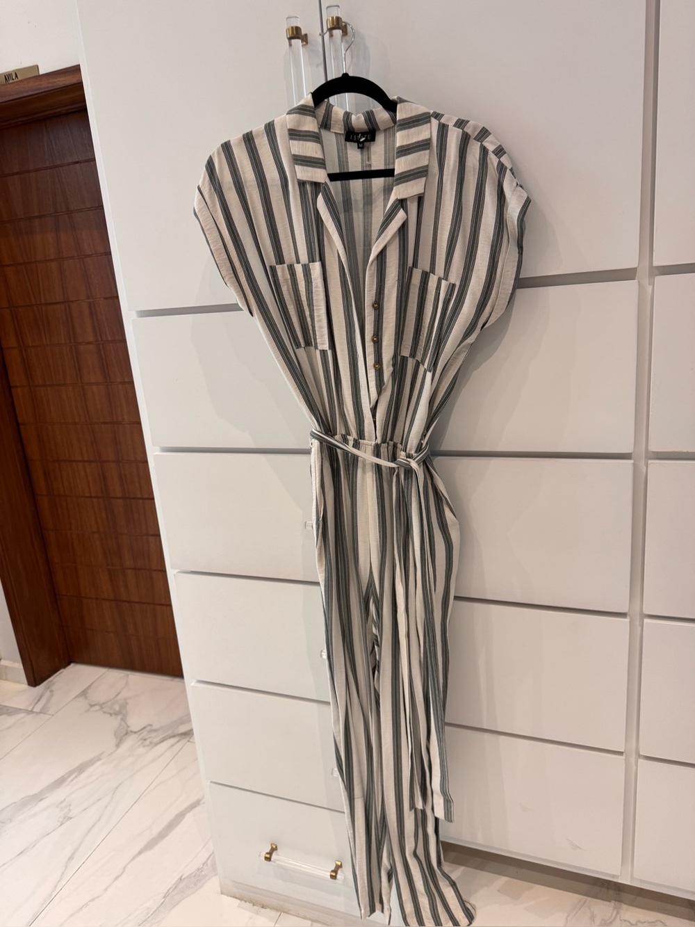 1. State Cream and Green Striped Button-Front Jumpsuit